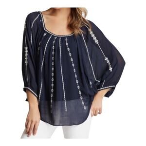 Lucky Brand Sheer Navy Blue Embroidery Dolman Poncho Top Size M Summer Vibes